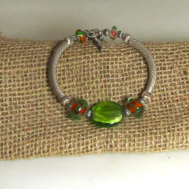 Personalized bar necklace for women with engraving options for unique, custom gift -Handmade Green Artisan Bead Bangle Bracelet