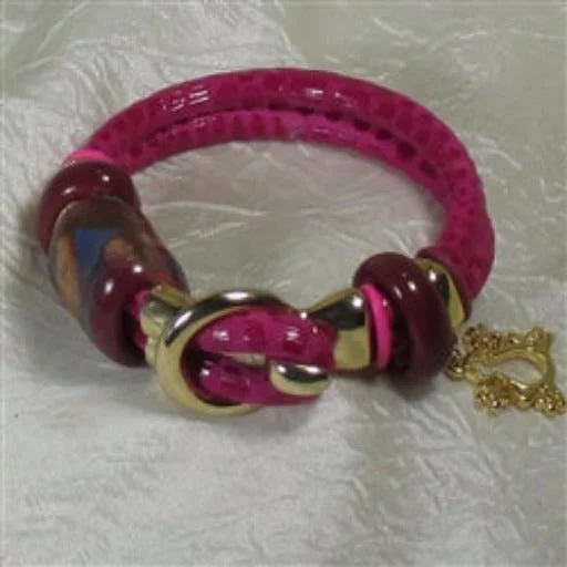 Artistic beaded necklace for women with vibrant colors and boho flair -Hot Pink Leather Cord and Large Kazuri Bead Bracelet