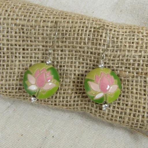 Unique bar necklace for women with a custom engraving or message -Handmade Pink & Green Lotus Blossom Flower Earrings