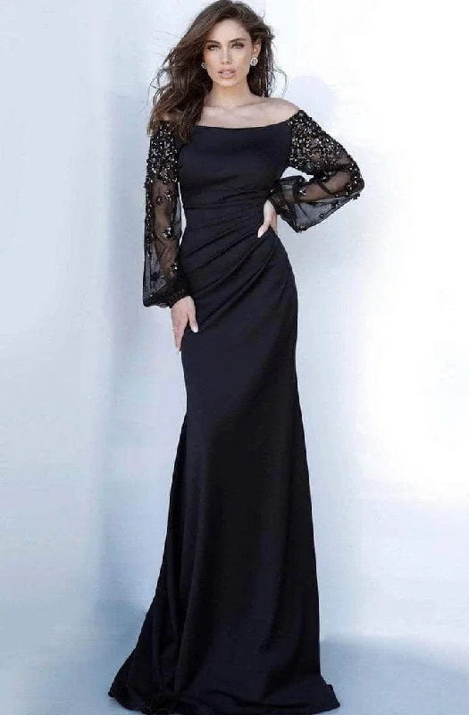 Plus size dresses with flowing skirts move freely -Dress with high slit-Jovani - Beaded Bishop Sleeve Prom Dress 1156SC