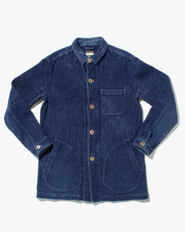 Denim jeans with cuffed ankles-Japanese Repro Textured Blue Jacket, Momotaro Jeans, Angled Pockets & Wooden Buttons - L