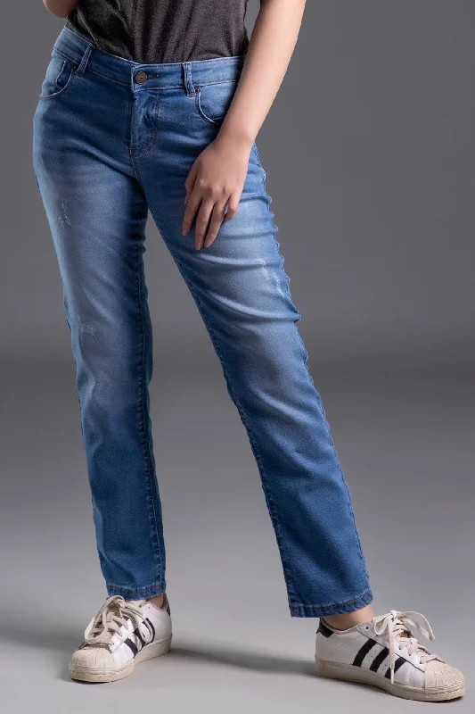 Business Jeans for Dressy -Denim jeans for crop tops-Mid Rise Slim-Fit Stretchable Jeans (Light Blue) ( RUSSIAN LAKE )