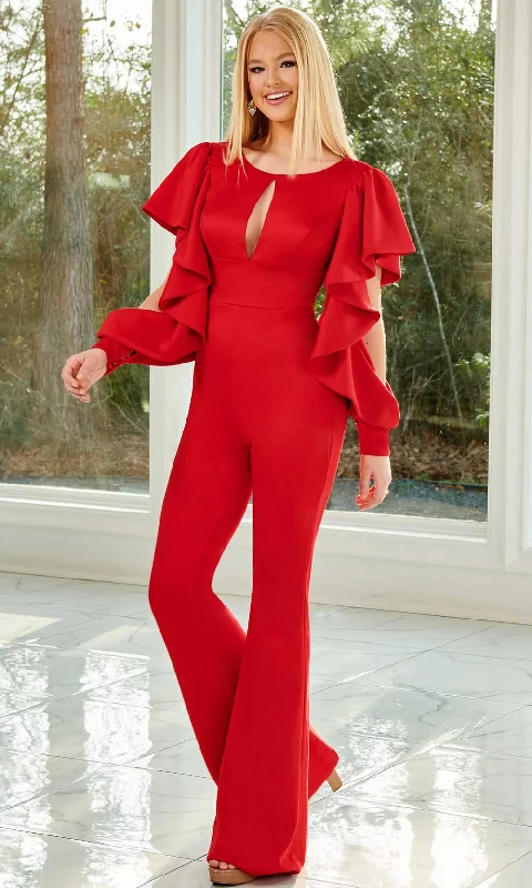 Plus size dresses with sleek fits elongate frames -Dress with high slit-Rachel Allan 50131 - Long Sleeve Jumpsuit