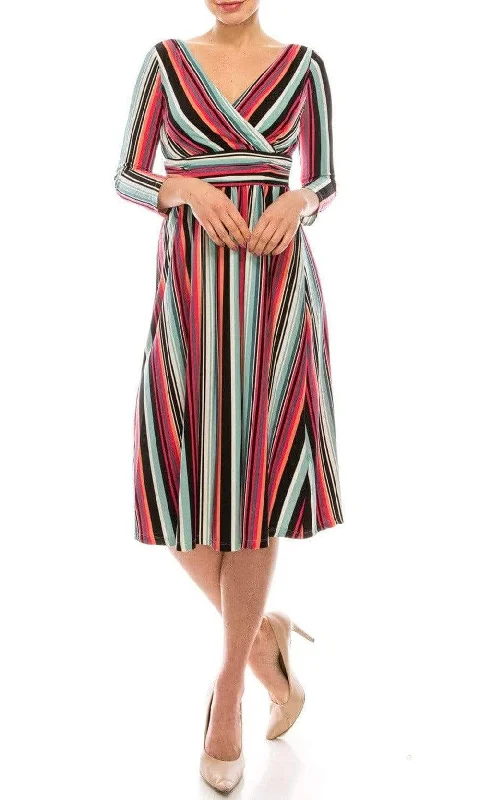 Plus size dresses featuring wrap styles are versatile -Dress for 1920s theme-London Times - T4898M Stripes V Neck A-Line Dress