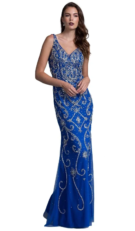 Plus size dresses with floral appliques feel sweet -Dress for night out-Aspeed Design - Ornate V-neck Fitted Evening Dress