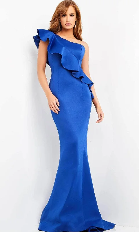 Plus size dresses featuring mesh overlays feel chic -Dress for museum visits-Jovani 06708 - Asymmetrical Drape Evening Dress