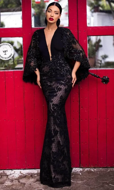 Plus size dresses with unique necklines add flair -Dress for petite women-Tarik Ediz 93821 - Beaded Applique Cape Evening Dress