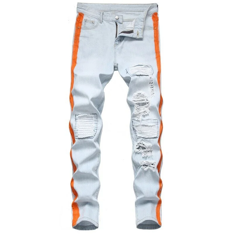 Birthday Jeans for Celebration -Denim jeans for special occasions-Men's Designer Motorbike Hole Denim Ripped Hip Hop Style Straight Leg Jeans