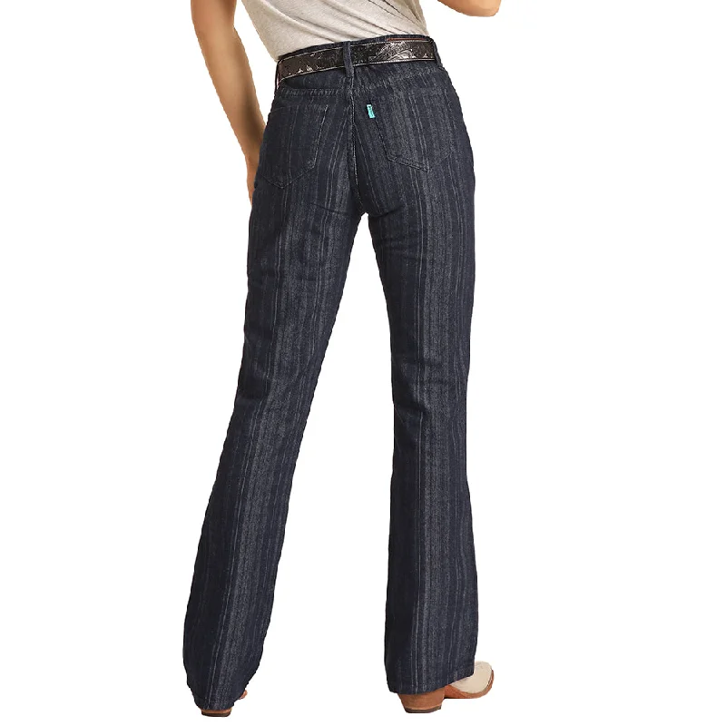 Zipper Fly Jeans for Convenience -Denim jeans with distressed look-Dark Wash Jaquard Stripe High Rise Bootcut Jeans