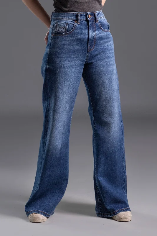 Father's Day Jeans for Present -Denim jeans for business casual-High Rise Stretchable Flared Jeans (Mid Blue) ( GALAXIAL )