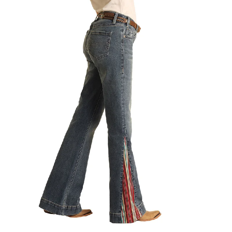 Fringed Jeans for Western -Denim jeans with frayed hem-Serape Print Inlay Mid Rise Trouser Ladies Jeans