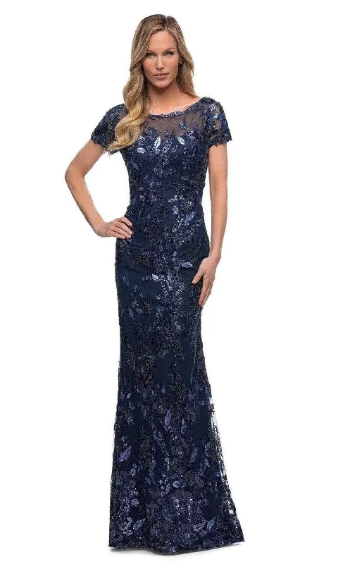 Plus size dresses featuring beaded hems are ornate -Dress with satin material-La Femme 29961SC - Short Sleeve Sequin Evening Dress