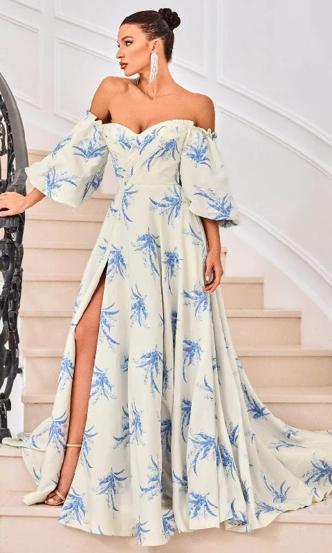 Plus size dresses with sturdy hems stay firm -Dress for 1950s style-J'Adore Dresses J24053 - Bell Sleeve Printed Evening Gown