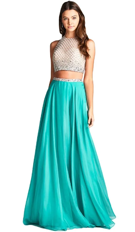 Plus size dresses with sleek lines look modern -Dress for formal occasions-Aspeed Design - Two Piece Embellished Halter Neck Prom Dress