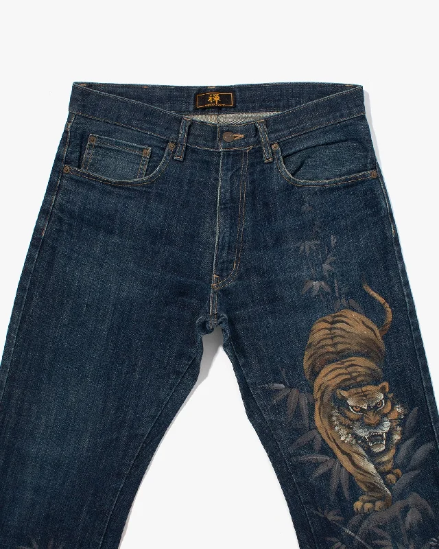 Cargo Jeans for Utility -Denim jeans with pearls-Japanese Repro Denim Jeans, Zen Clothing, Hand Painted Tiger and Bamboo - 33