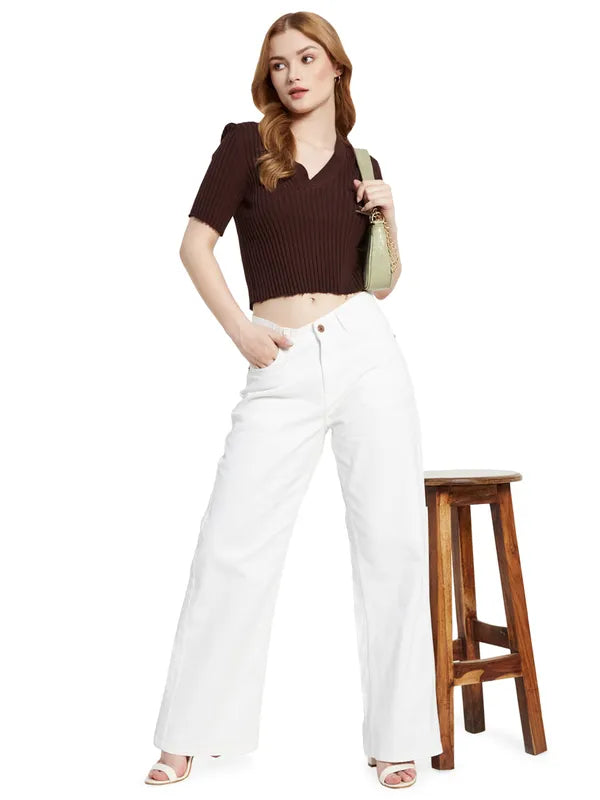 White Jeans for Fresh Look -Denim jeans with embroidery-Wide Leg High Jeans