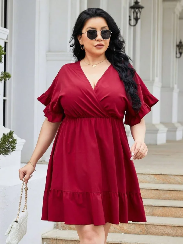 Plus size dresses with supportive fits lift spirits -Dress for rehearsal dinner-Plus Size Ruched Surplice Flounce Sleeve Mini Dress