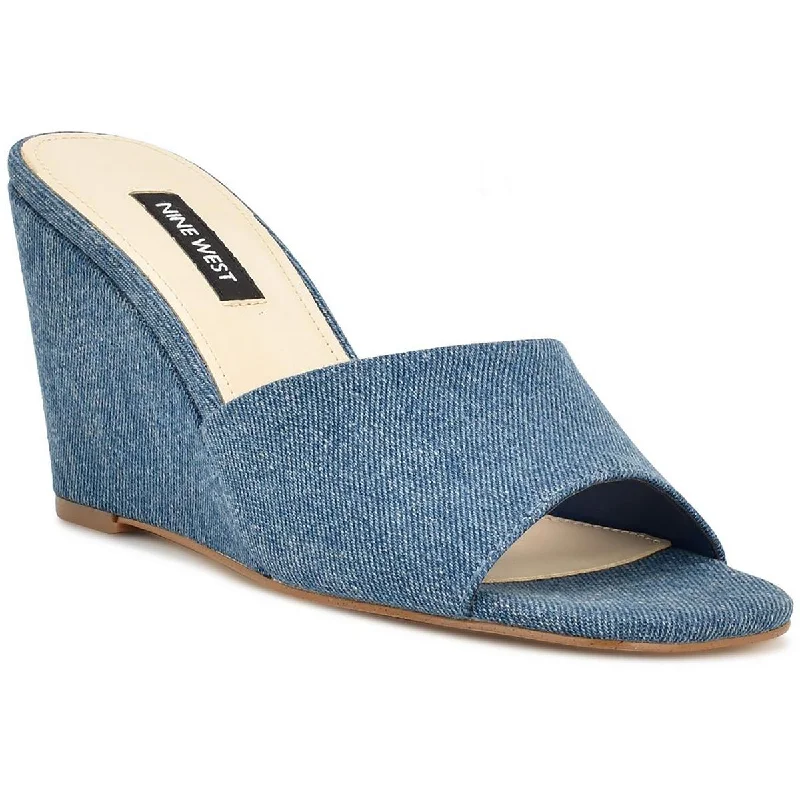 Comfortable sandals for women with contoured footbed and easy-to-adjust straps-Nine West Womens Nesa 7 Faux Denim Square Toe Wedge Sandals