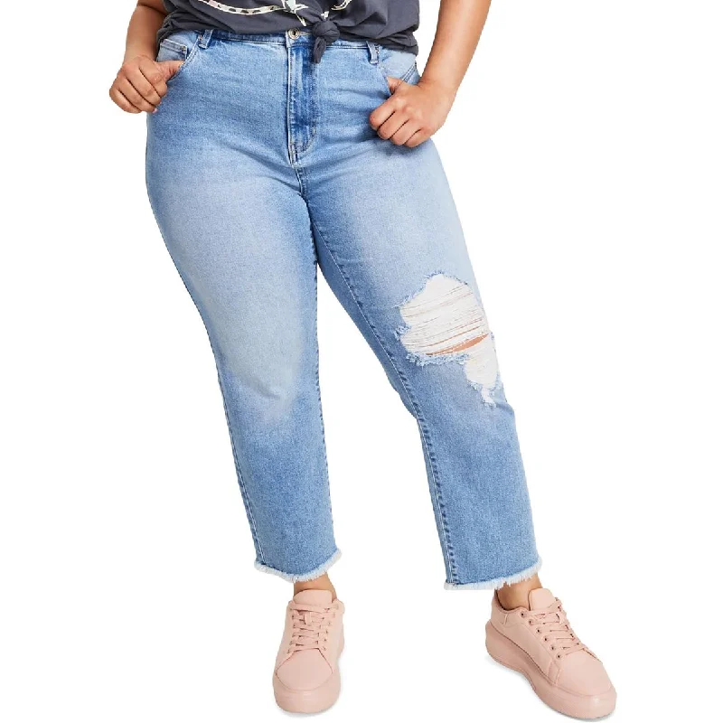 Embellished Back Pocket Jeans for Glamour -Denim jeans for rock style-Celebrity Pink Womens High Rise Frayed Hem Straight Leg Jeans