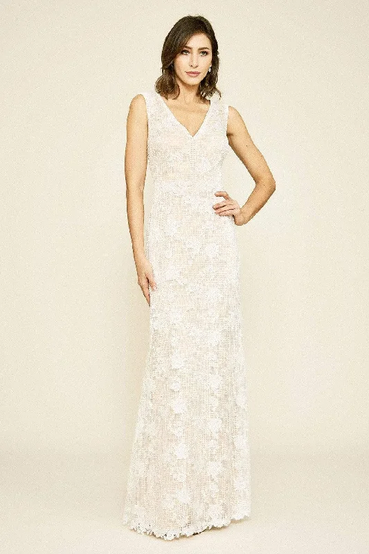 Plus size dresses with V-necks elongate figures -Dress with lace-Tadashi Shoji - Windsor Sleeveless V-neck Lace Gown