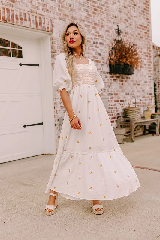 Plus size dresses for spring bloom with grace -Dress with maxi length-Farmers Market Stroll Smocked Maxi in White