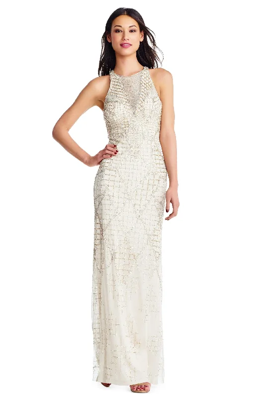 Plus size dresses with fit-and-flare shapes flatter -Dress for date night-Aidan Mattox - MD1E202819 Lattice Beaded Gown with Criss Cross Back