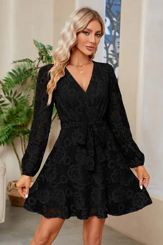 Plus size dresses for everyday wear stay tough -Dress with open back-Surplice Lace Long Sleeve Mini Dress