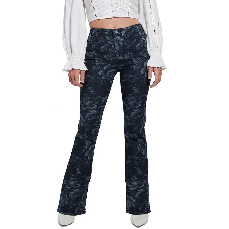 Rolled Shorts Jeans for Style -Denim jeans with straight legs-Guess Womens Adeline High Rise Floral Print Flared Jeans