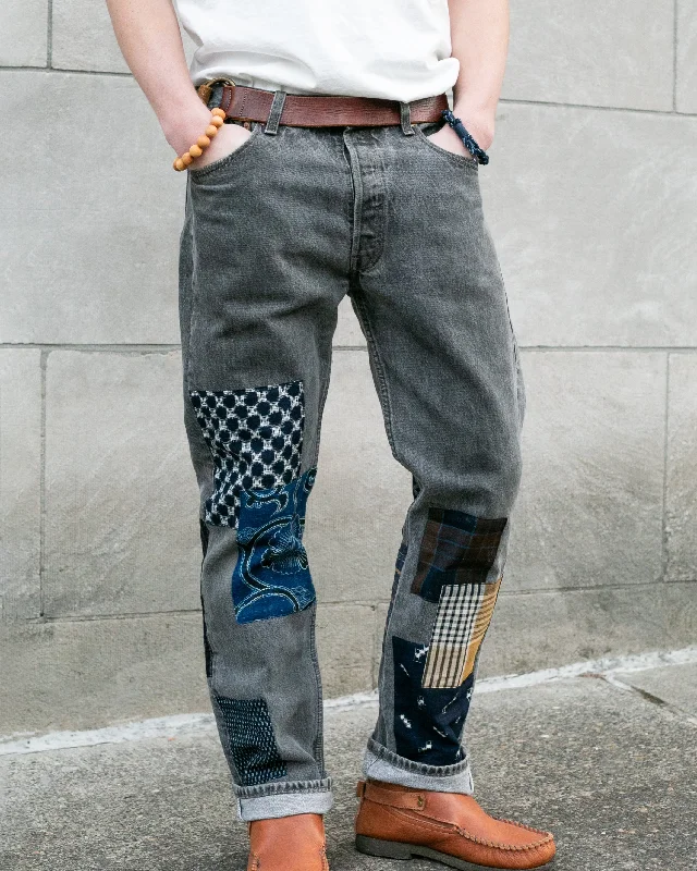 Fishing Jeans for Water -Denim jeans for K-pop fans-Kiriko Custom Denim Jeans, Patched Vintage Boro, Levi's Brand, Gray Denim with Patches - 32