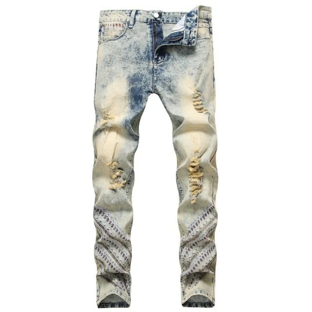 Anniversary Jeans for Special -Denim jeans for everyday wear-Men's Designer Style Denim Hole Ripped Straight Motto Biker Jeans for Men