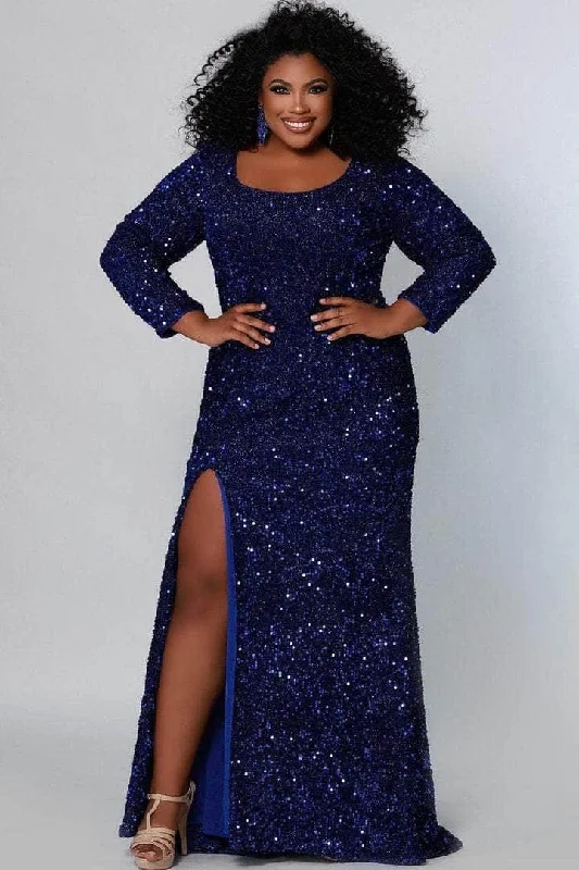 Plus size dresses for evening wear glow softly -Dress with velvet fabric-Sydney's Closet - Sequined Long Sleeve Formal Dress SC7320 - 1 pc Sapphire In Size 22 Available