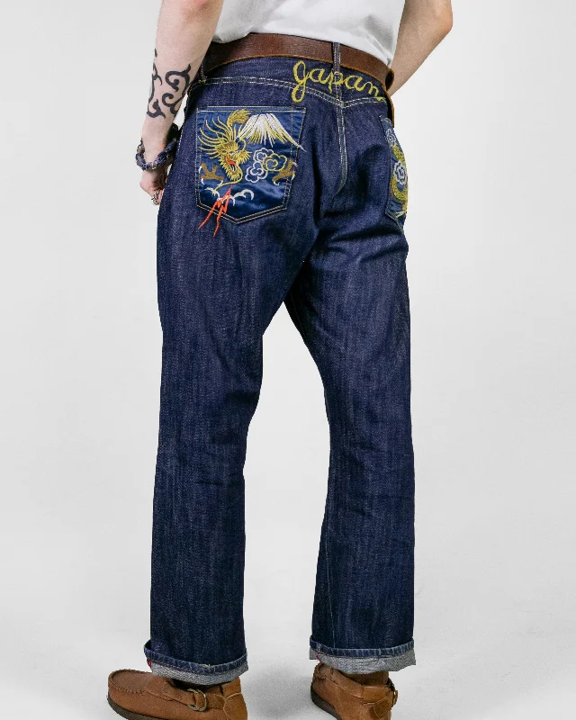 Back Pocket Jeans for Design -Denim jeans with ankle length-Japanese Repro Denim Jeans, Eternal, Tiger and Dragon Embroidery, Satin Pockets - 36