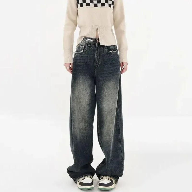 Metal Button Jeans for Classic -Denim jeans with acid wash-High Waist Harajuku Retro Wide Leg Jeans