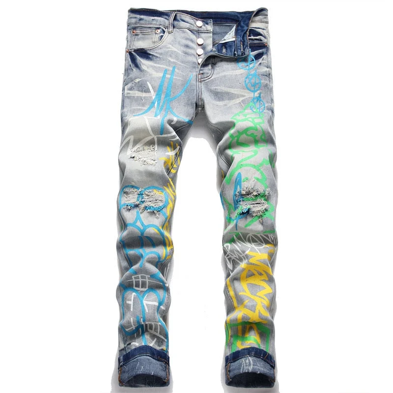 Decorated Back Pocket Jeans for Style -Denim jeans for casual wear-Men's Doodle Print Holes Stretched Ripped Distressed Denim Jeans