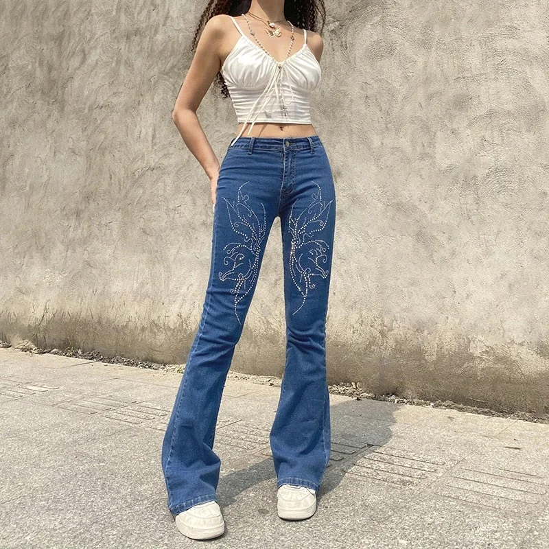 Raw Hem Jeans for Trendy -Denim jeans for hip-hop fashion-Korean Style Butterfly Rhinestone Low Rise Flared Retro Y2K Women's Jeans