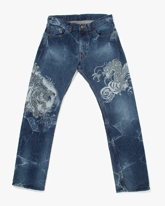 Four Pocket Jeans for Simplicity -Denim jeans with cropped length-Japanese Repro Denim Jeans, Eternal, Dragon and Tiger Graphic - 32