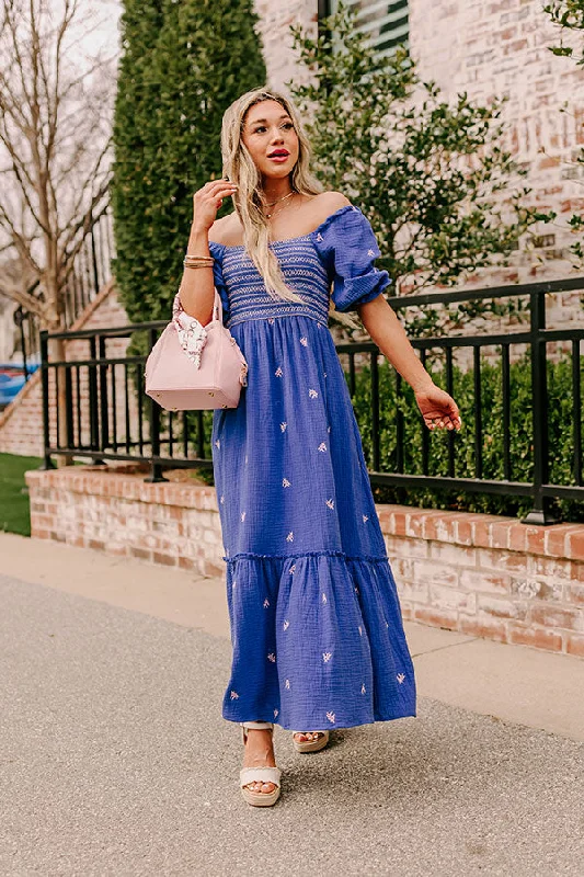 Plus size dresses featuring geometric prints are trendy -Dress with ruffles-Farmers Market Stroll Smocked Maxi in Indigo