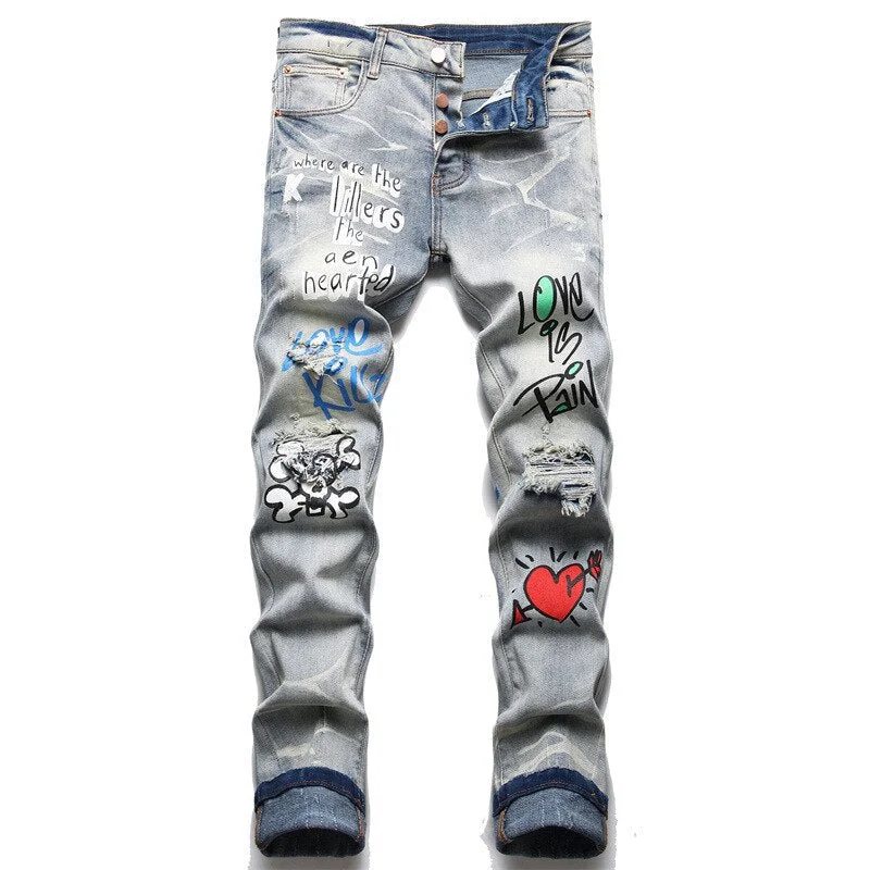 Painted Back Pocket Jeans for Artistic -Denim jeans for streetwear-Vintage Men's Letters Skull Print Holes Ripped Stretch Streetwear Jeans