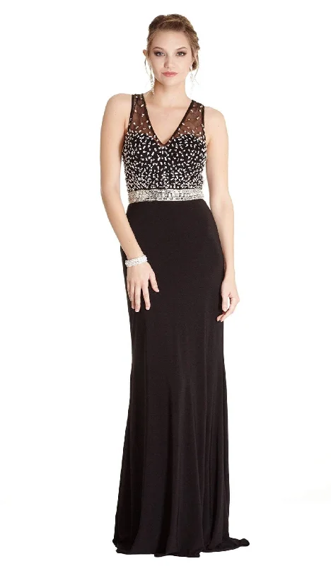 Plus size dresses with cap sleeves feel dainty -Dress for night out-Aspeed Design - Glittering Illusion V-neck Sheath Evening Dress