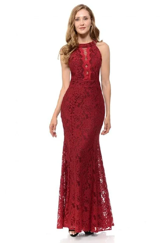 Plus size dresses for wet weather stay dry -Dress for engagement parties-Lenovia - 5189 Lace Halter Neck Trumpet Dress