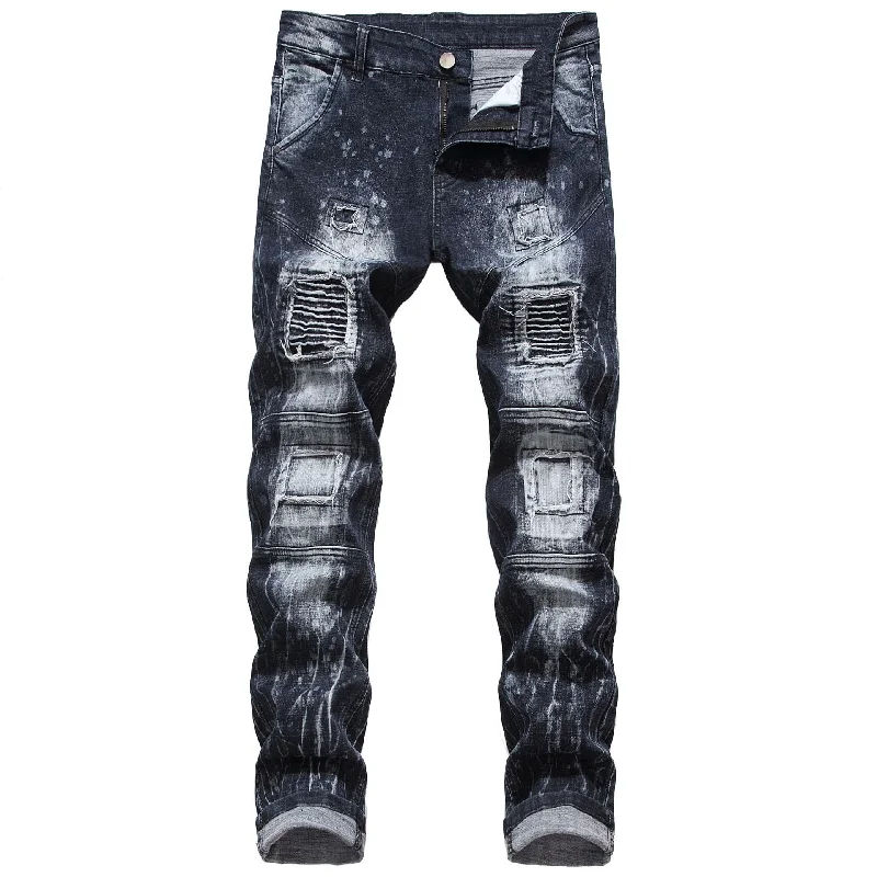 Holiday Jeans for Festive -Denim jeans for night out-Men's Vintage Hip Hop Style Ripped Slim Pleated Straight Slim Fit Jeans