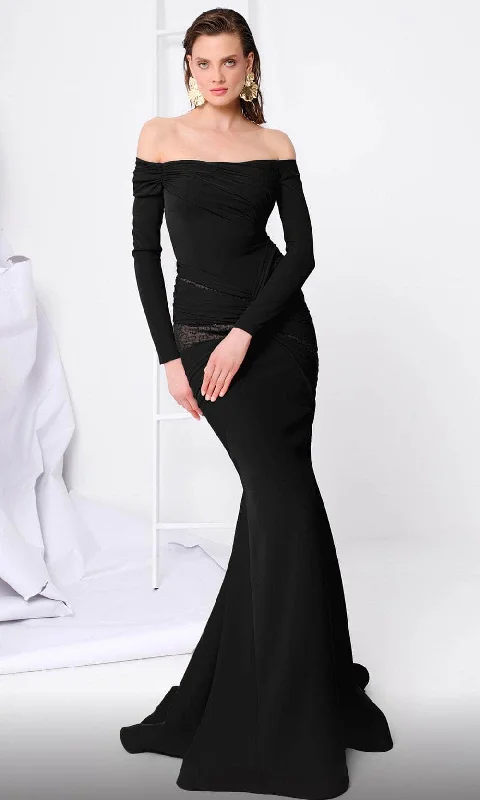 Plus size dresses featuring ruffle details add charm -Dress with satin material-MNM Couture F02848 - Long Sleeve Weaved Evening Gown