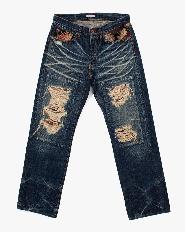 Mini Shorts Jeans for Youthful -Denim jeans with slim fit-Japanese Repro Denim Jeans, Eternal, Floral Lining with Distressing - 30