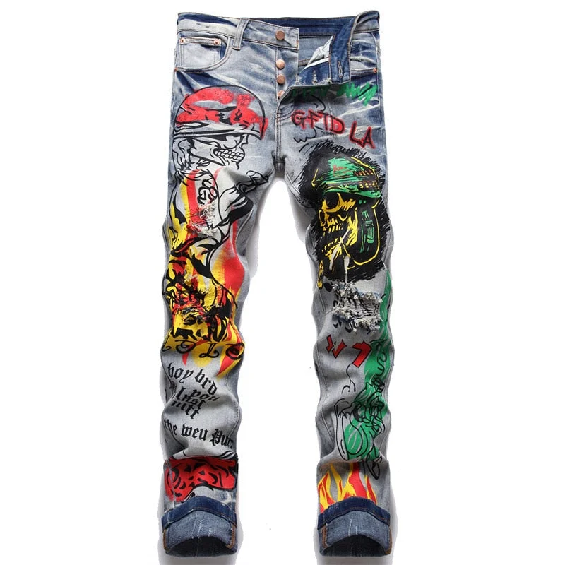 Back Pocket Jeans for Design -Denim jeans with ankle length-Men's Character Skull Flame Painted Buttons Fly Stretch Streetwear Jeans