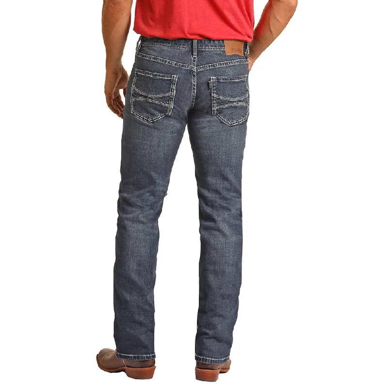 Leather Trim Jeans for Luxury -Denim jeans with vintage wash-"Medium Wash" Slim Fit Straight Hooey Jeans