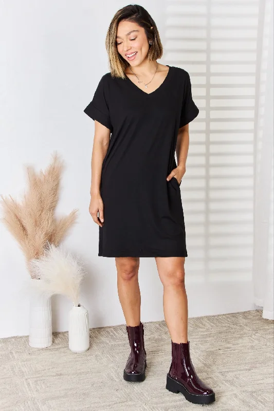 Plus size dresses with sleek lines look modern -Dress for formal occasions-Zenana Full Size Rolled Short Sleeve V-Neck Dress