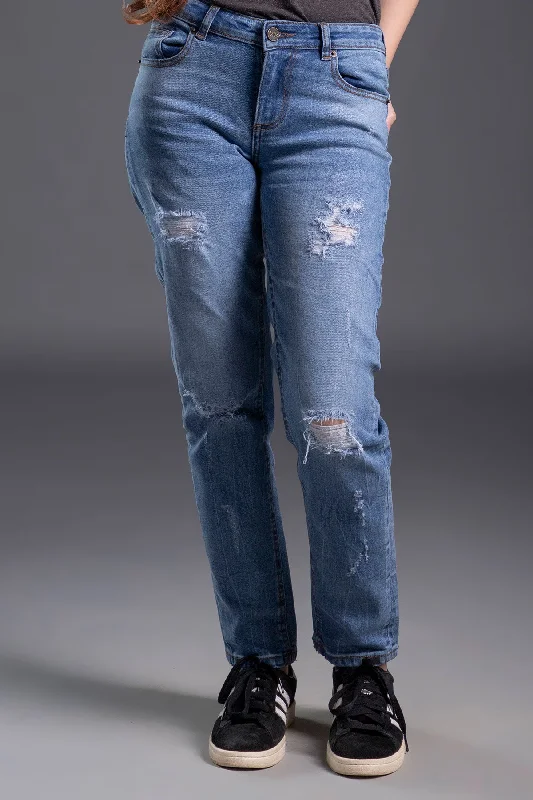 Affordable Jeans for Budget -Denim jeans for trendy looks-Mid Rise Stretchable Ripped Straight Fit Jeans (Light Blue)