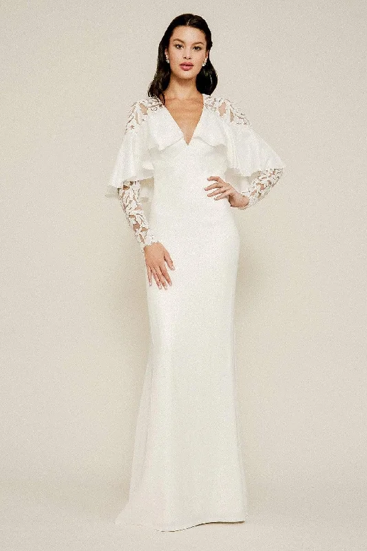 Plus size dresses with asymmetrical hems look modern -Dress for petite women-Tadashi Shoji - Zues Lace Long-Sleeve Crepe Gown