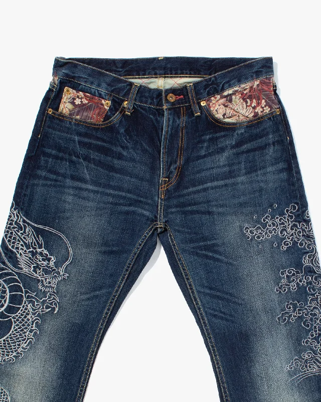 Side Pocket Jeans for Extra -Denim jeans with extra-long length-Japanese Repro Denim Jeans, Eternal, Dragon Embroidery with Red Floral - 34