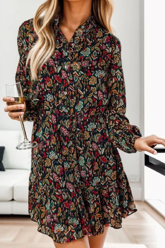 Plus size dresses with soft linings pamper skin -Dress for honeymoon-Printed Notched Long Sleeve Dress